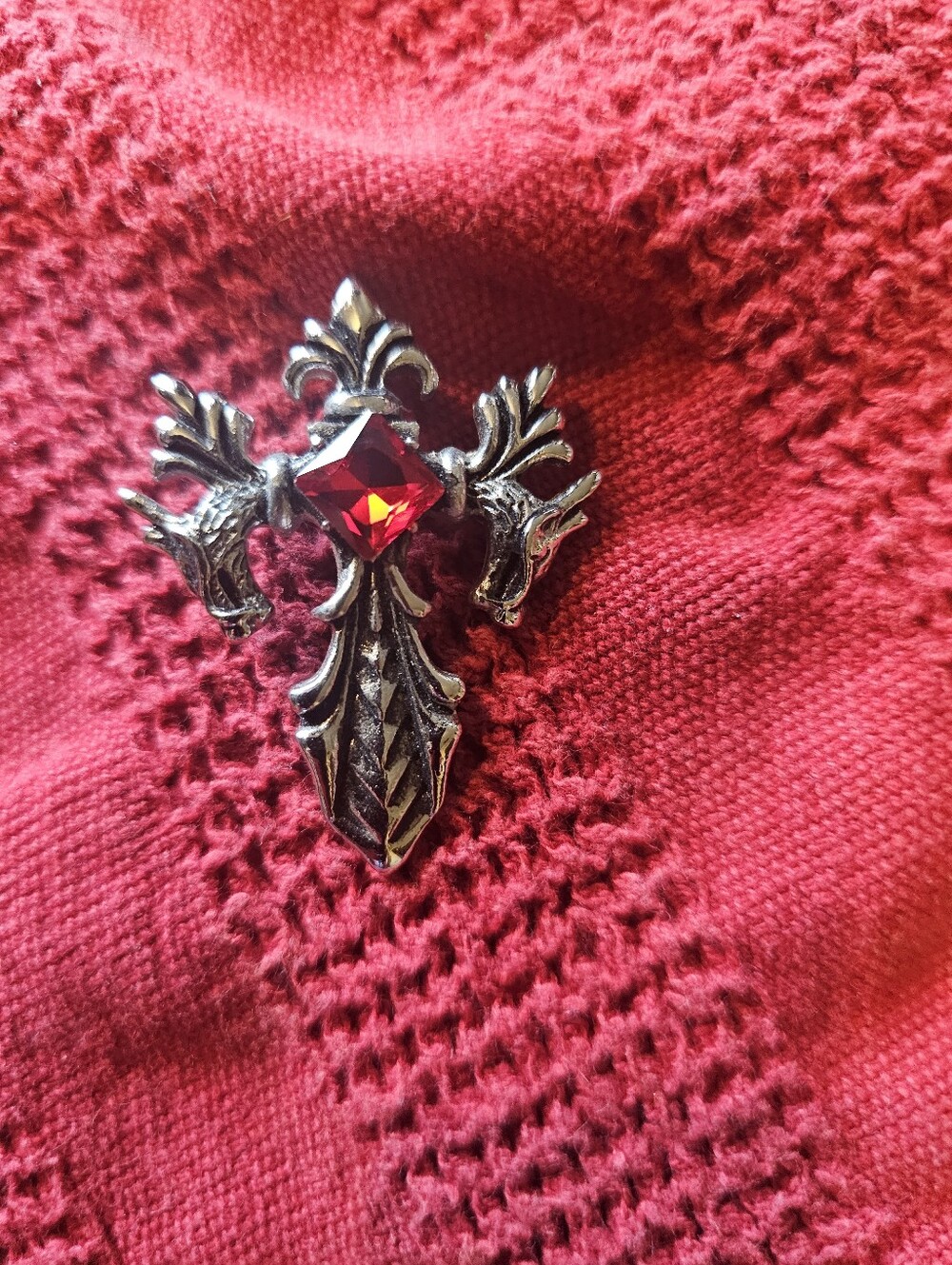 Silver Cross Pendant With Red Stone